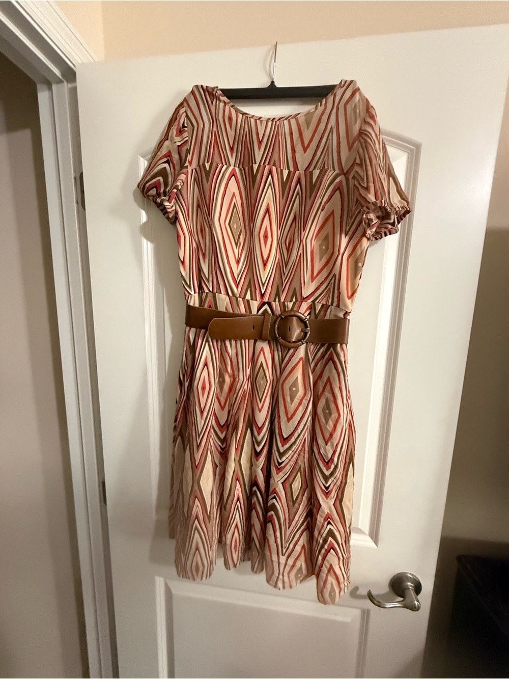 Alex Marie Geometric Print A-Line Dress in Cream, Coral, and Brown